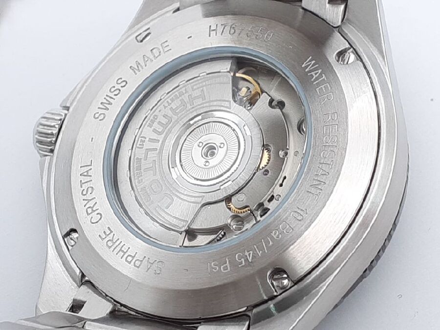 ｷﾝﾊﾞﾘー ﾊﾐﾙﾄﾝの腕時計 ｶｰｷ ｱﾋﾞｴｰｼｮﾝを買取しました。H767550 鉄道時計